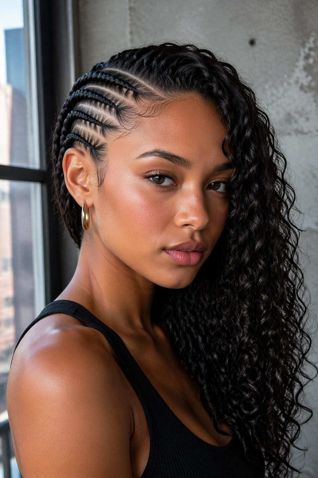 Close-up portrait of a real woman with matte braids and wet-look curls
