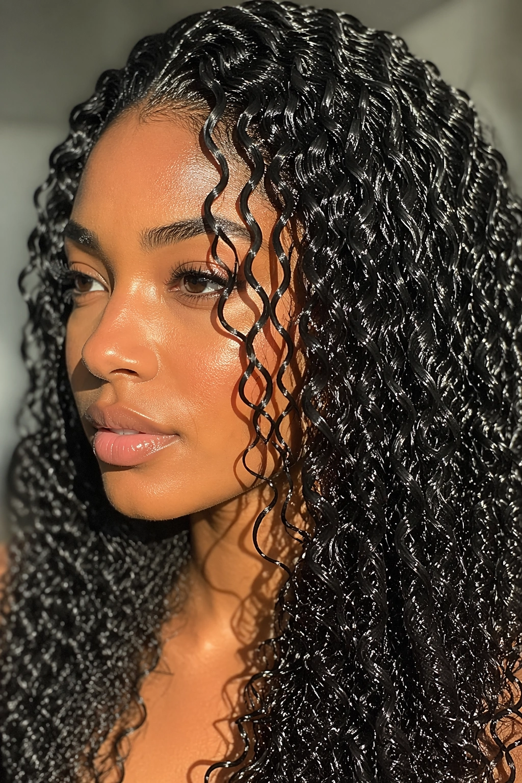 Close-up of a real woman with wet-look defined curls and finger coils