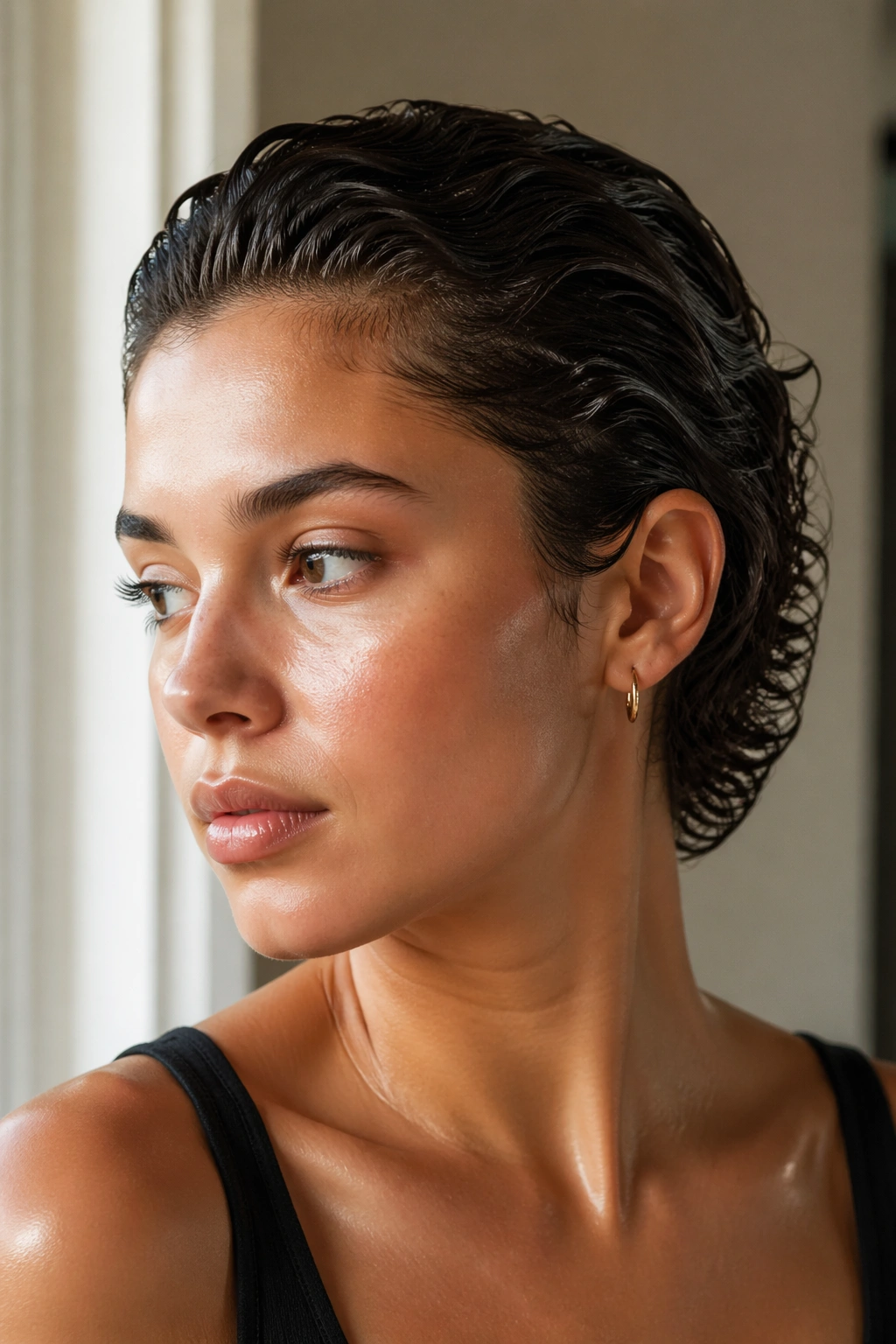 Close-up portrait of a real woman with a wet-look slicked-back curly hairstyle.