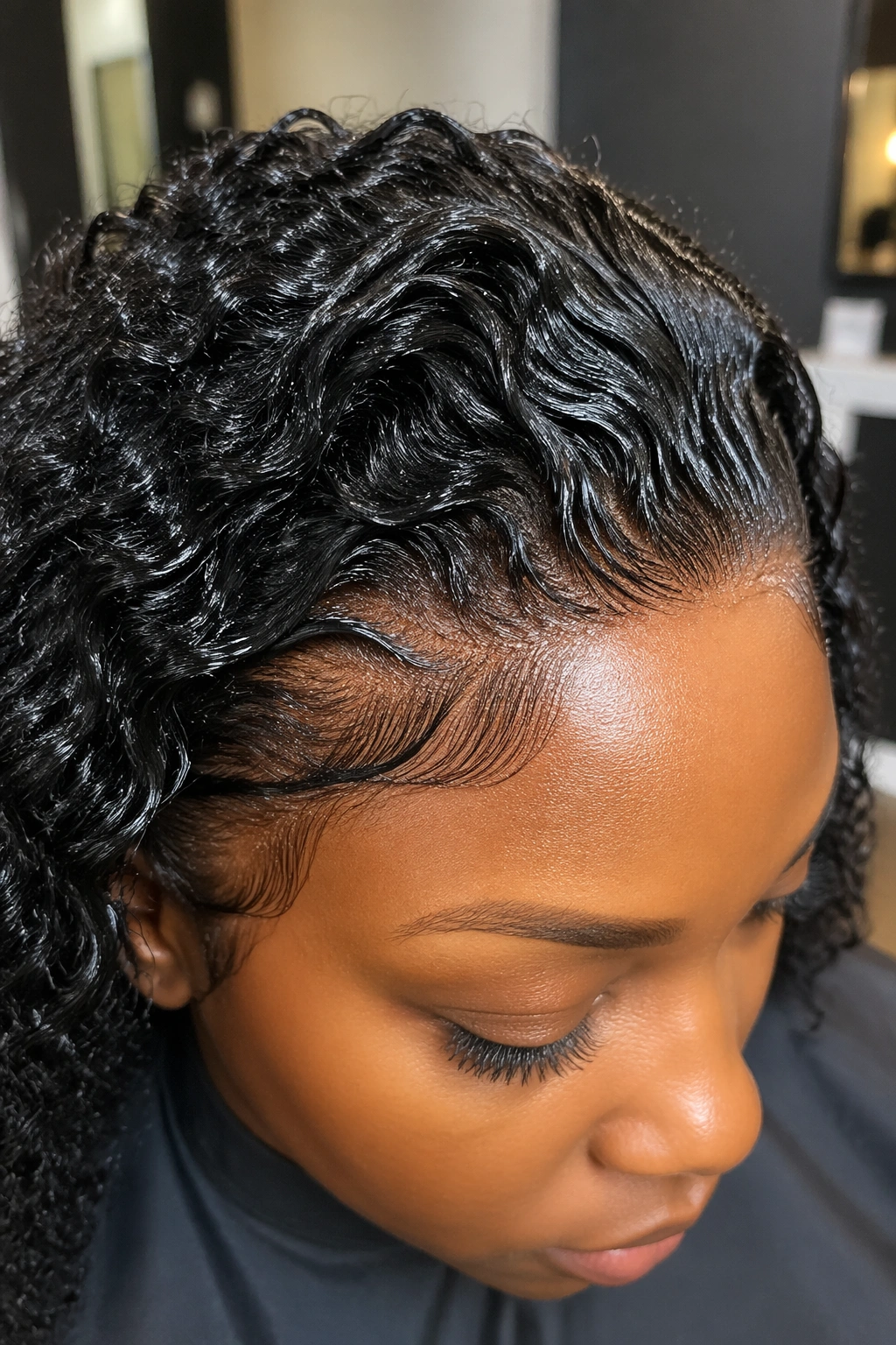 Close-up wet-look curly frontal at the hairline with shine