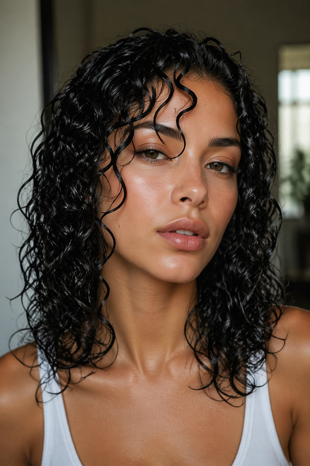 Close-up of a real woman with glossy wet-look curls, head-and-shoulders portrait.