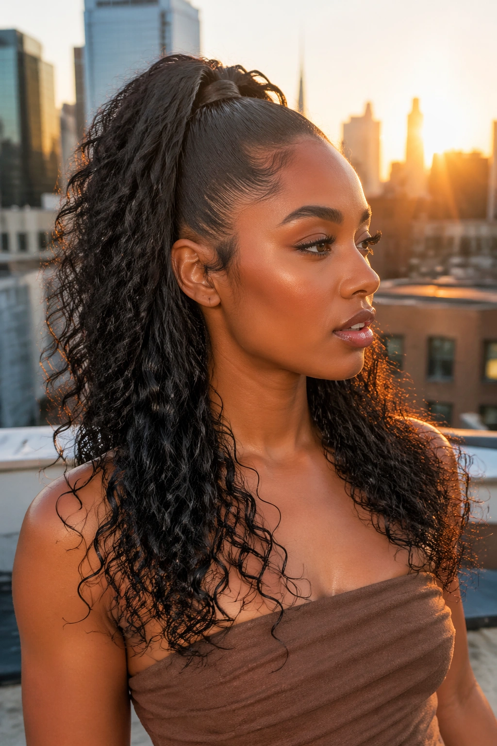 Hero rooftop shot of high half pony with wet-look curls at golden hour.