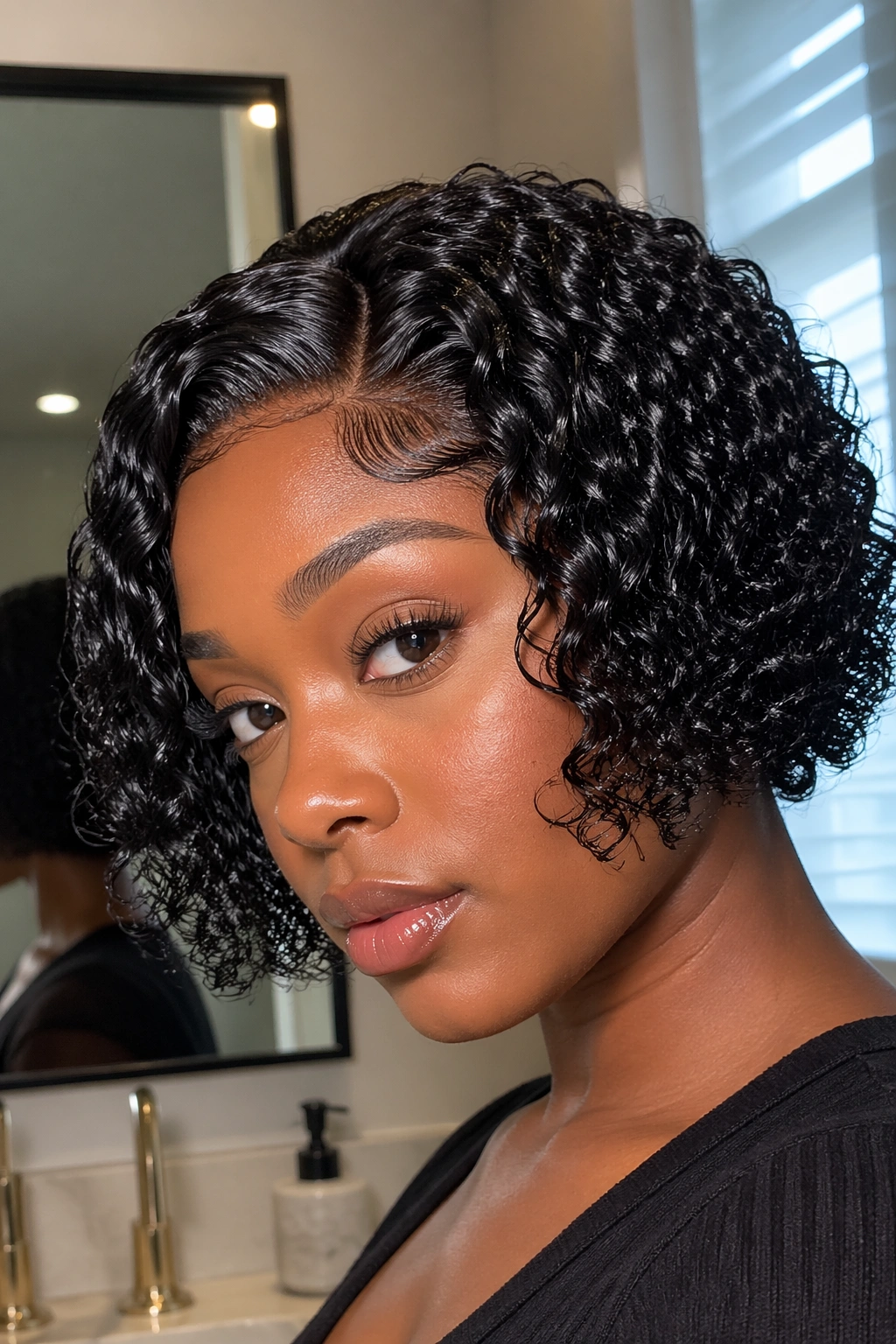 Close-up wet-look curls on short lace-front wig