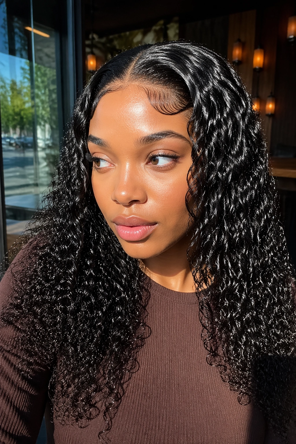 Real person with glossy wet-look curly sew-in and leave-out in a bright setting