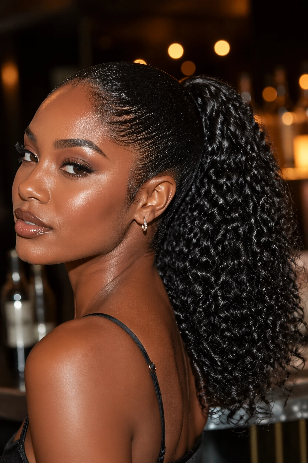 Real woman with wet-look curly drawstring ponytail and glossy curls