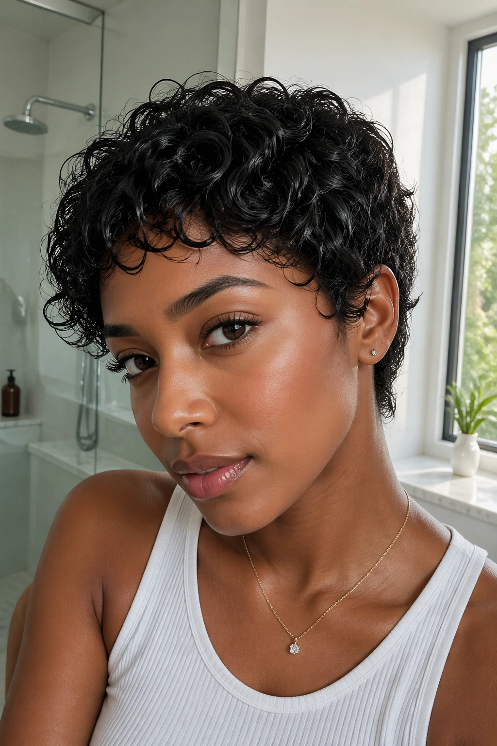 Close-up of a real person wearing a wet-look short curly wig with glossy curls