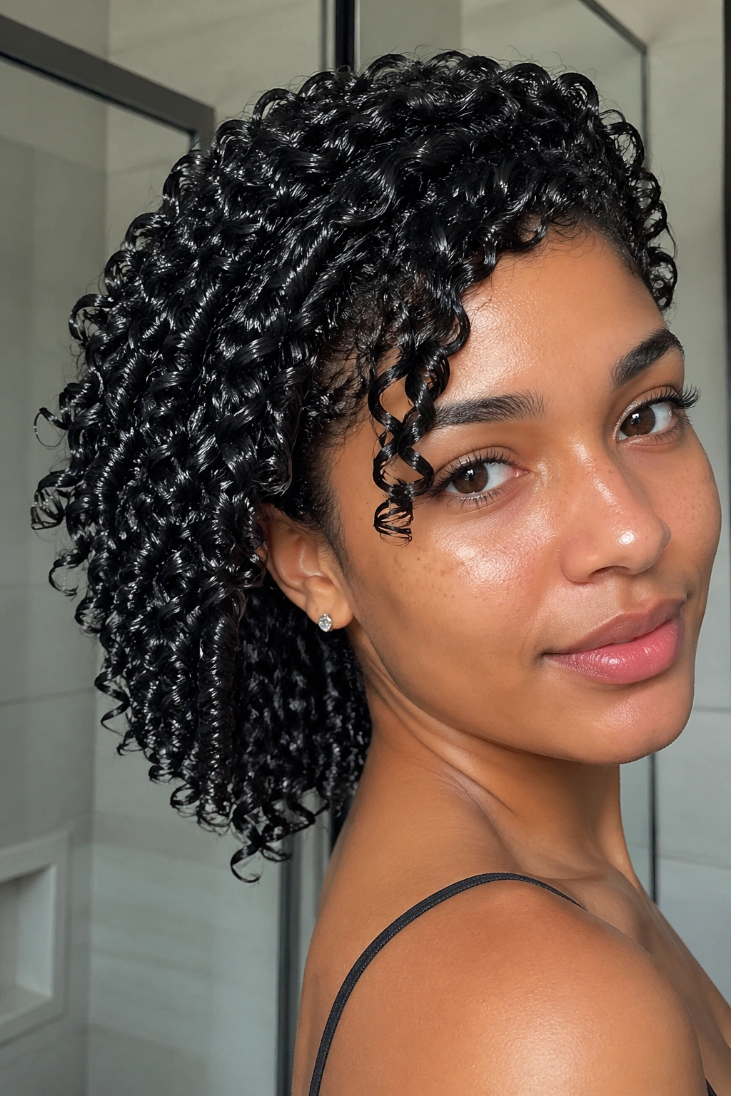 Close-up portrait of a real woman with glossy wet-look gel curls.