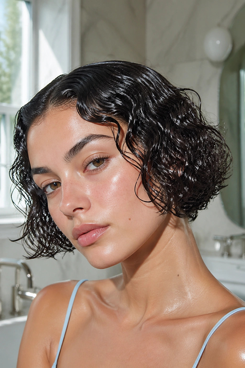 Close-up portrait of a real person with glossy wet-look curls and a center part.