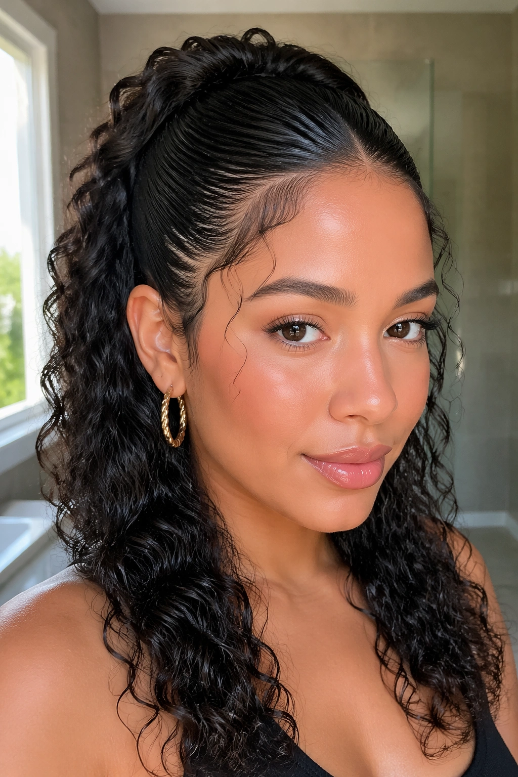 Close-up of The Wet-Look Half Ponytail with glossy crown and defined curls.