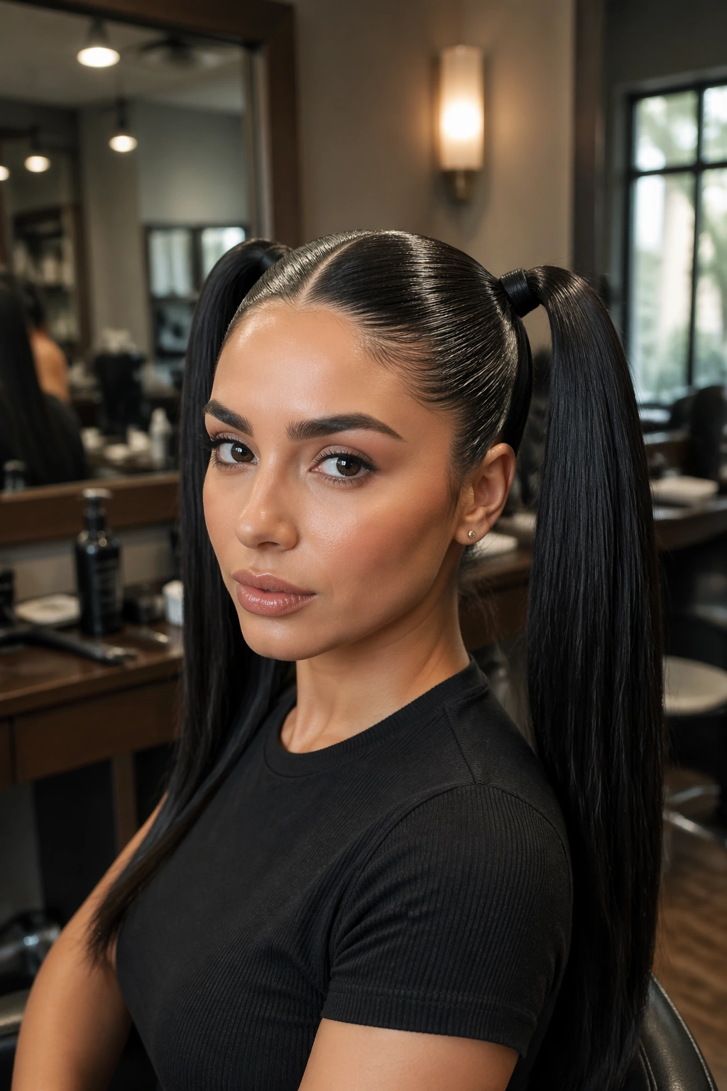 Close-up of a real woman with wet-look double ponytails in a salon