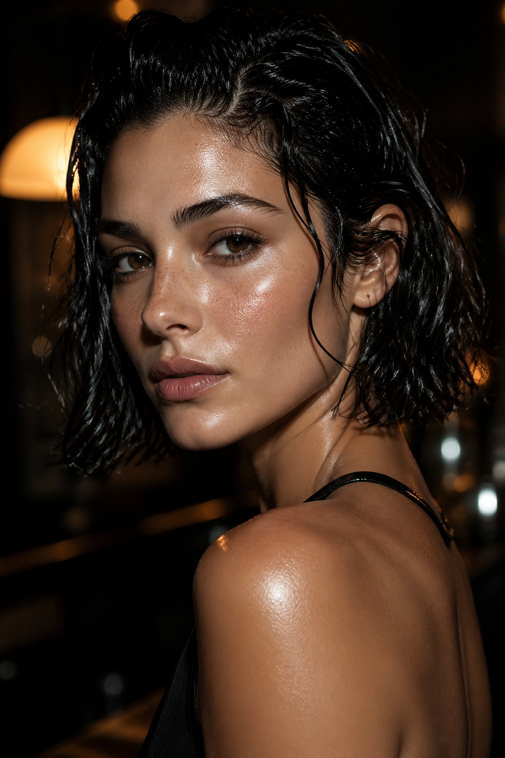 Close-up of a woman with a wet-look black wavy hairstyle in a moody night setting