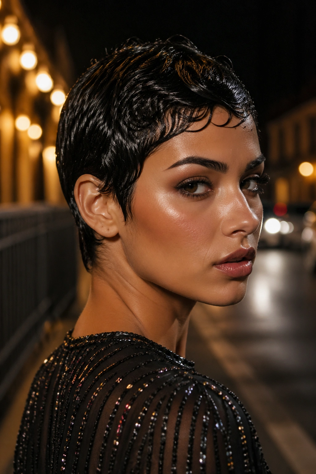 Portrait of a real woman with glossy wet-look pixie
