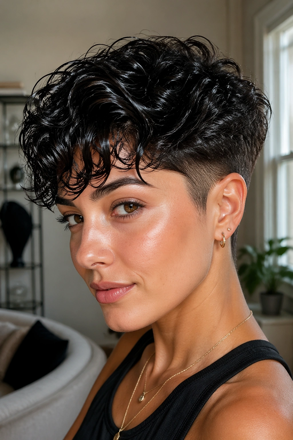 Close-up of real person with wet-look curly pixie and sleek finish.