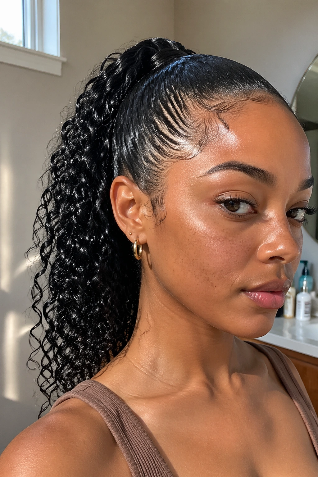 Close-up of a real woman with a wet-look ponytail and glossy 3C curls