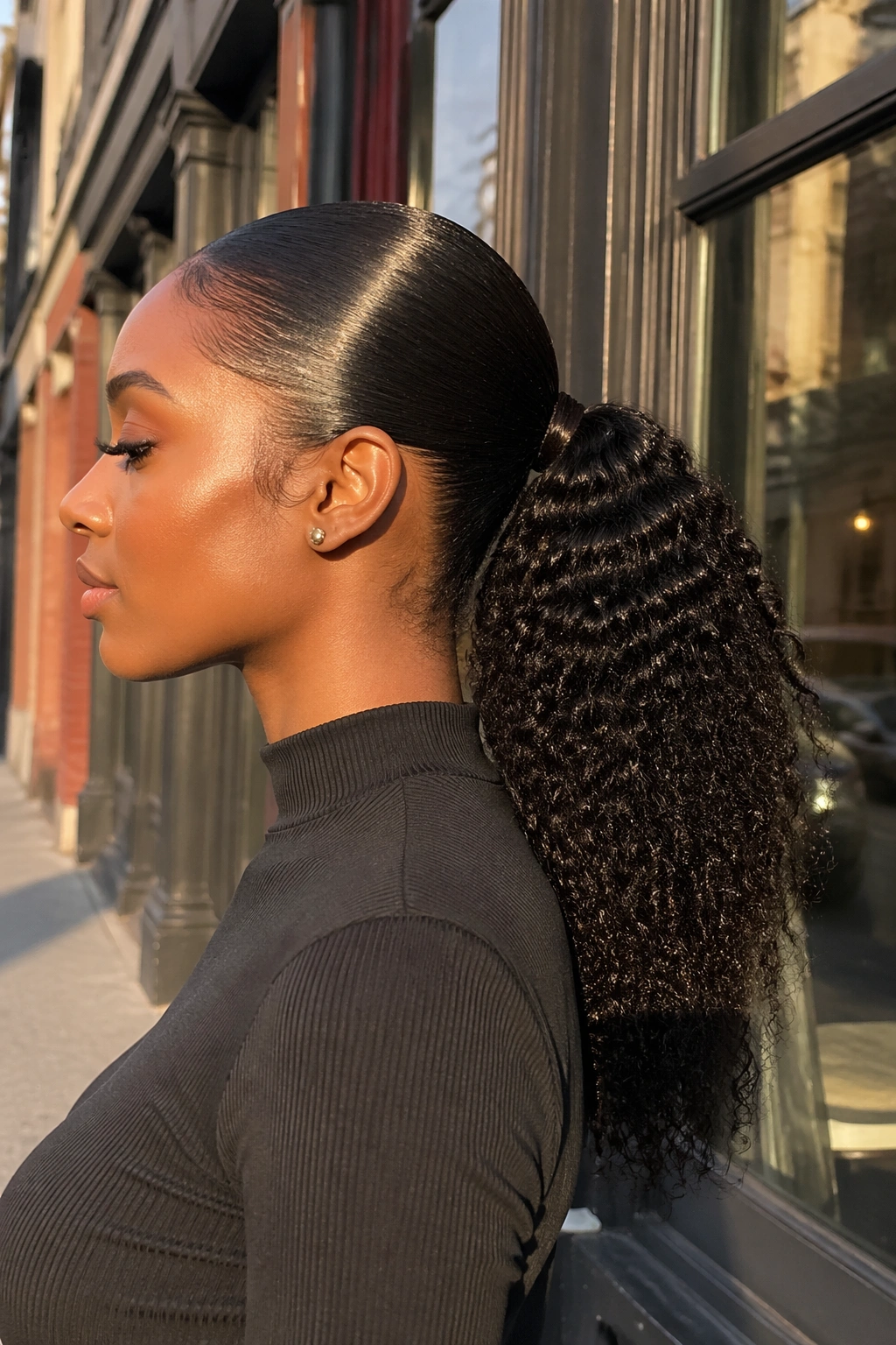 Side profile wet-look mid ponytail at golden hour