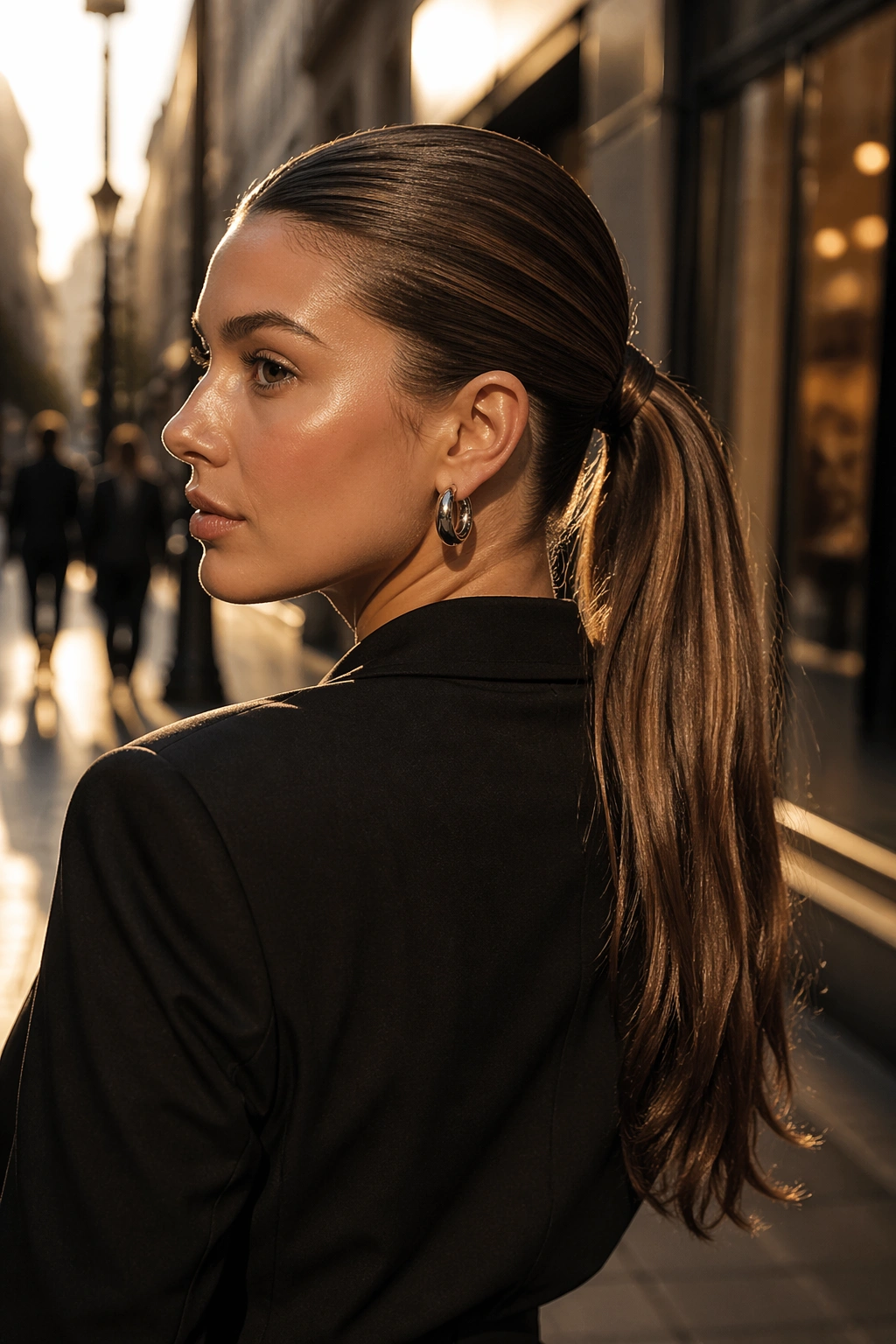 Wet-look mid ponytail in golden hour street scene