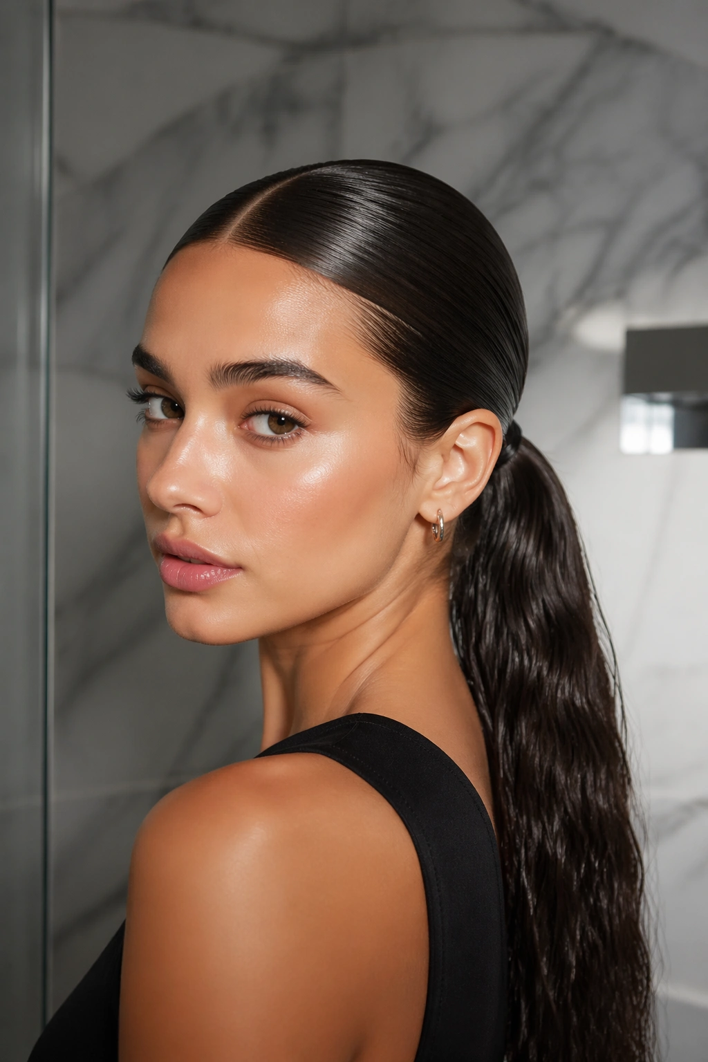 Real woman with wet-look middle-part ponytail in marble bathroom