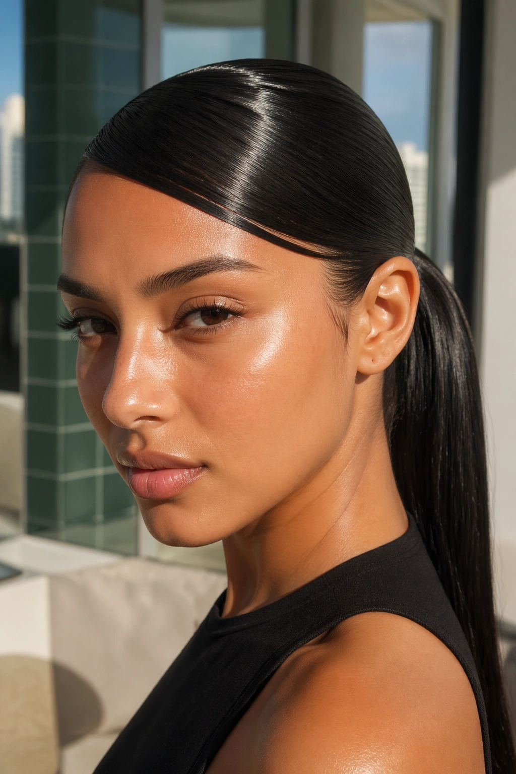 Real person with wet-look mid swoop ponytail and glossy finish