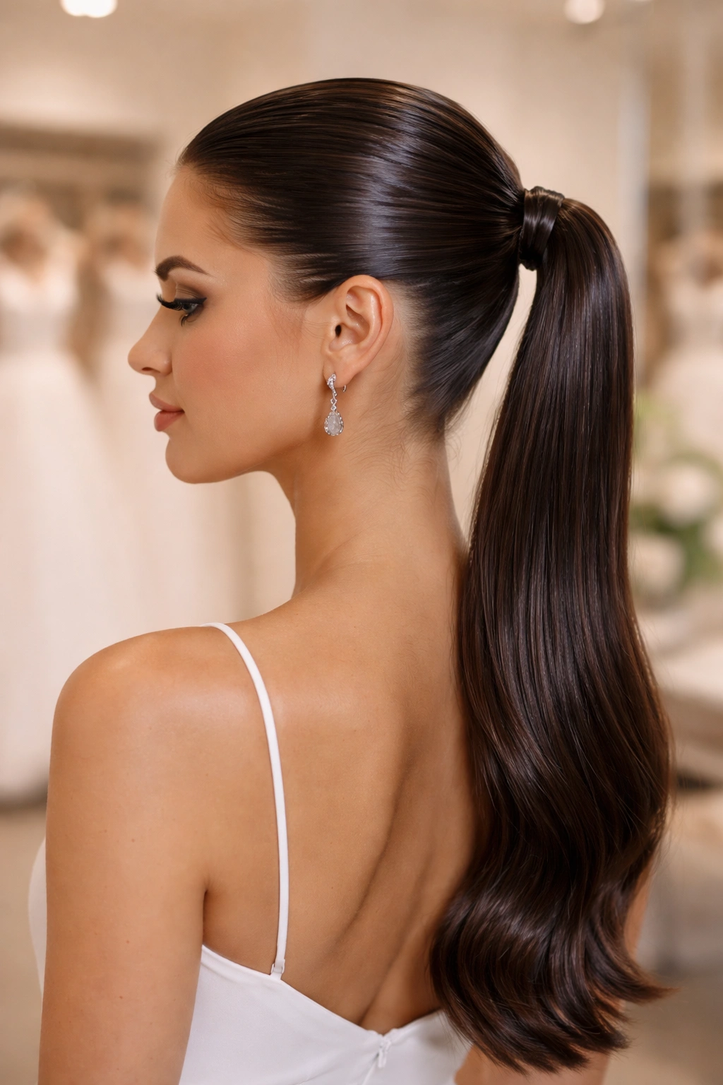 Real woman with a glossy wet-look ponytail in a modern bridal setting