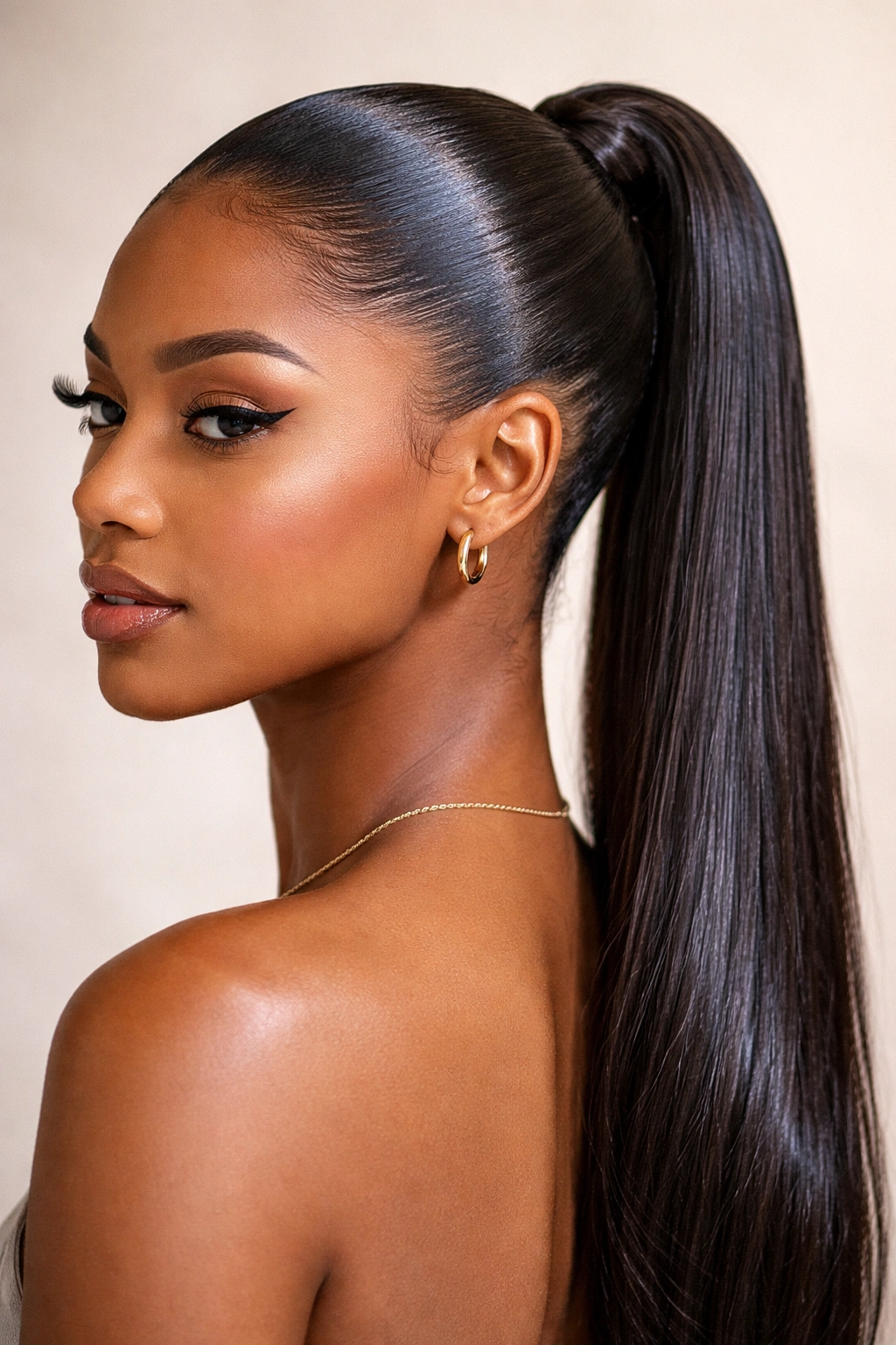 Close-up of a glossy wet-look Afro ponytail with smooth roots