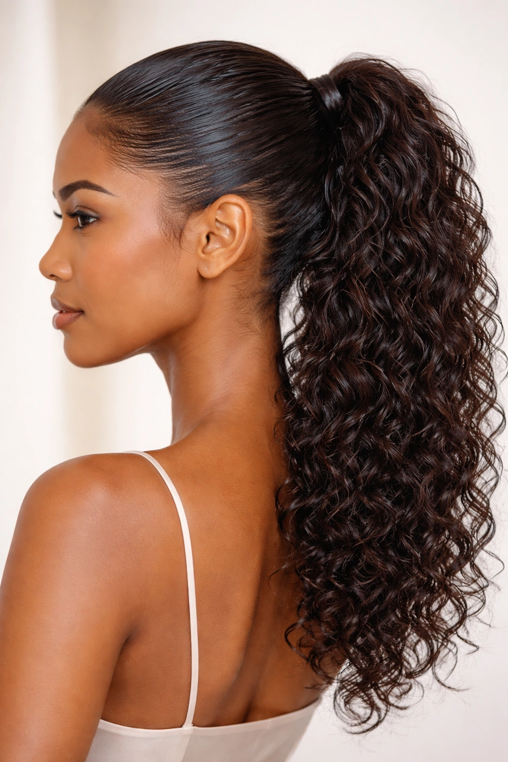 Glossy wet-look curly ponytail with close-to-scalp base and loose tail.