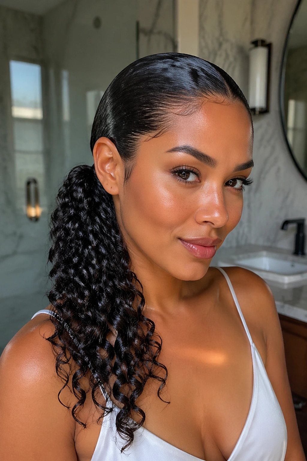 Close-up of a real woman with a wet-look root side ponytail