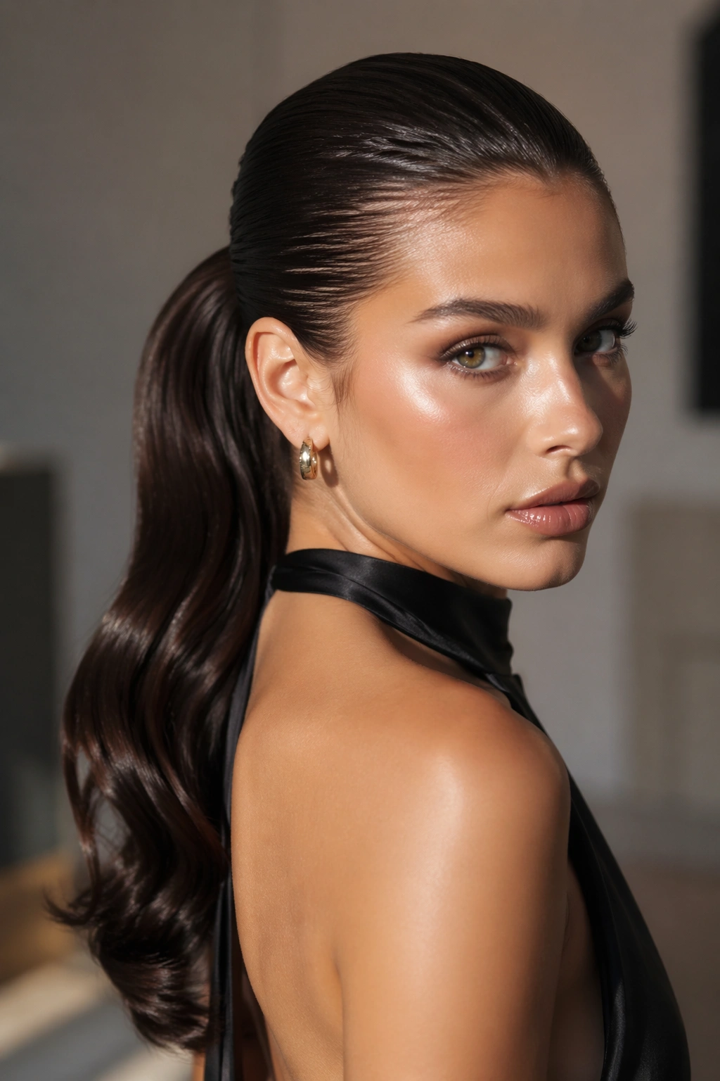 Portrait of a woman with a glossy wet-look mid ponytail