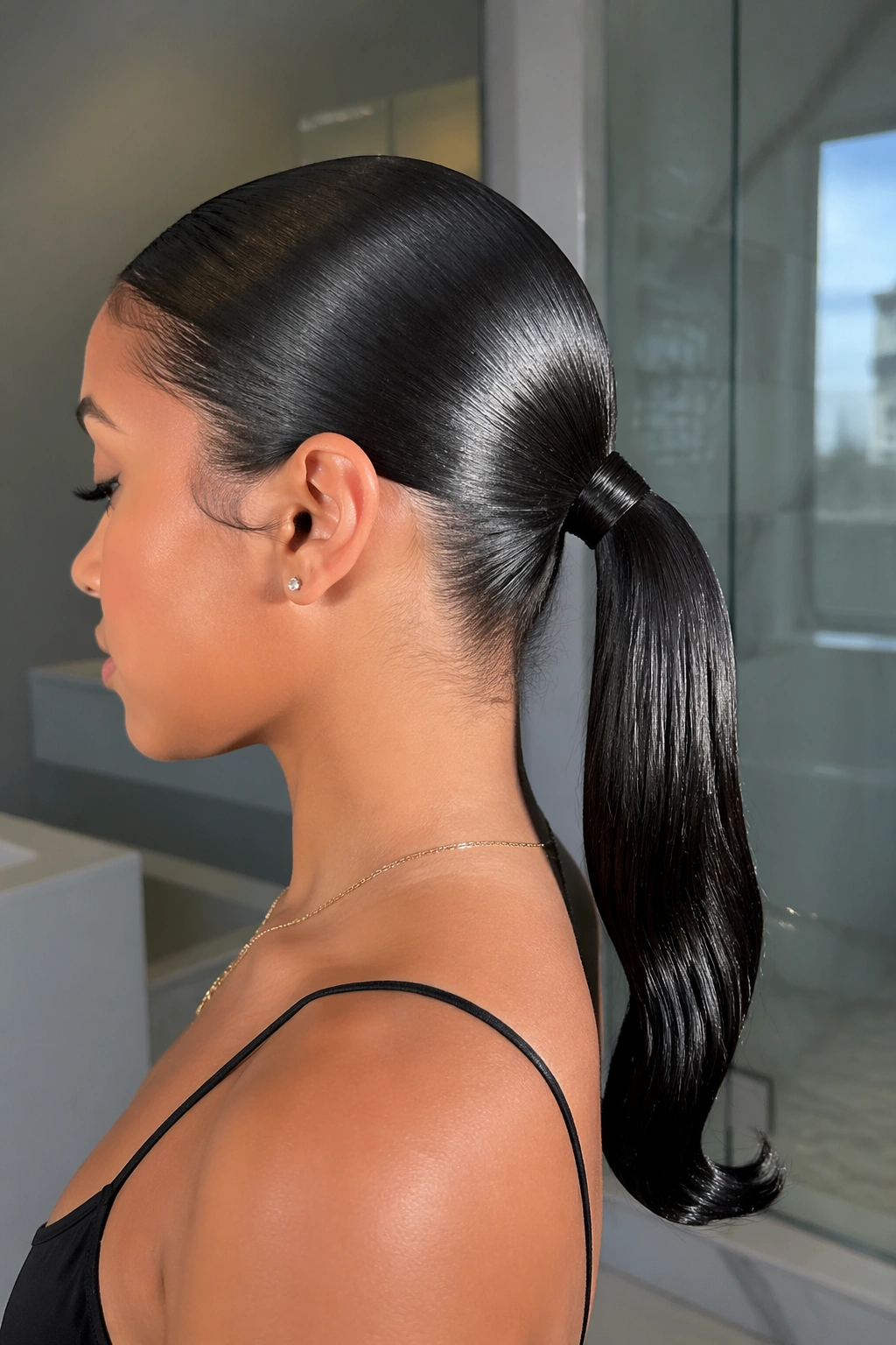 Real woman with wet-look glossy ponytail in a modern bathroom