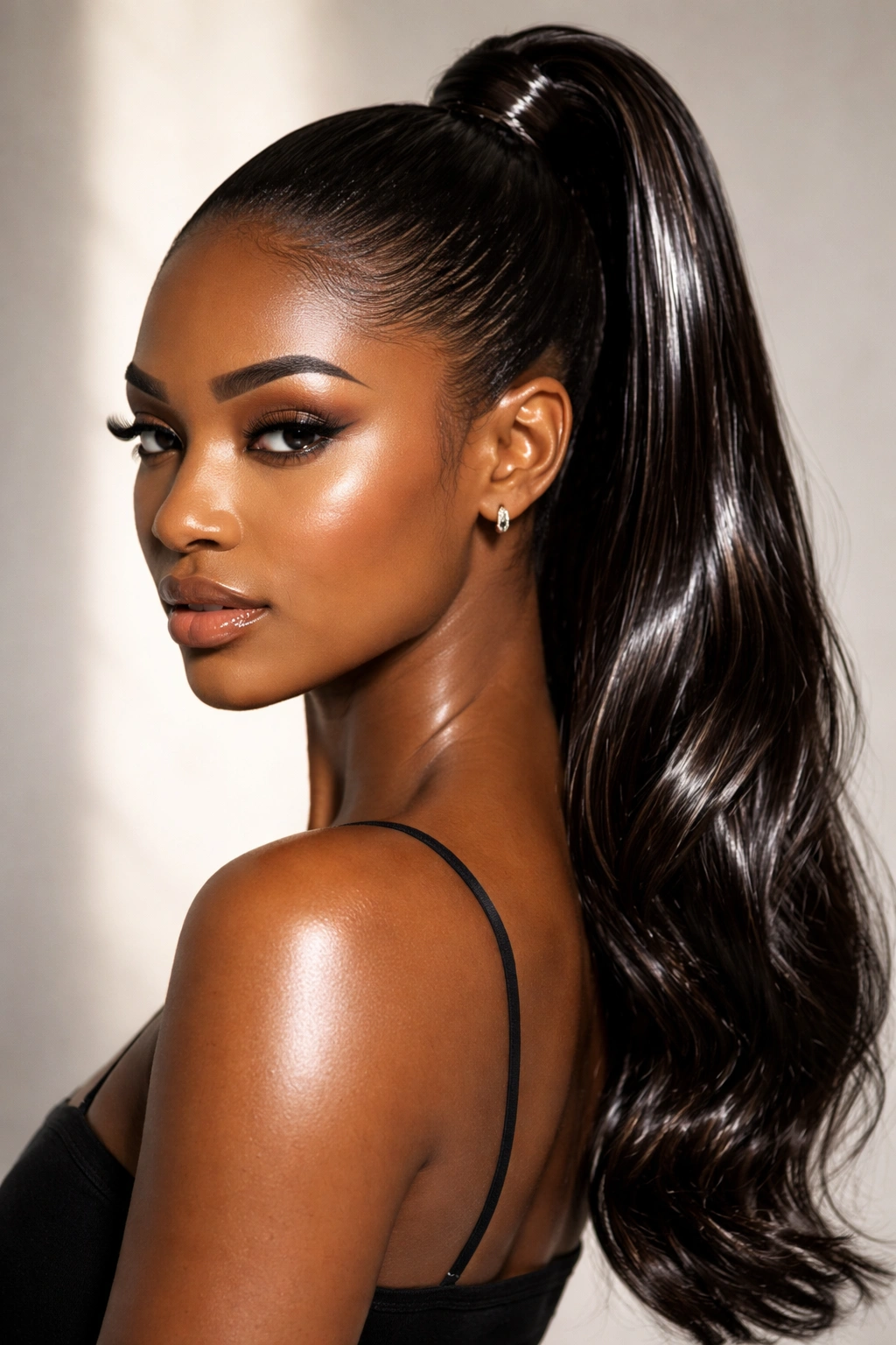 Wet-look high ponytail with glassy shine and slick base
