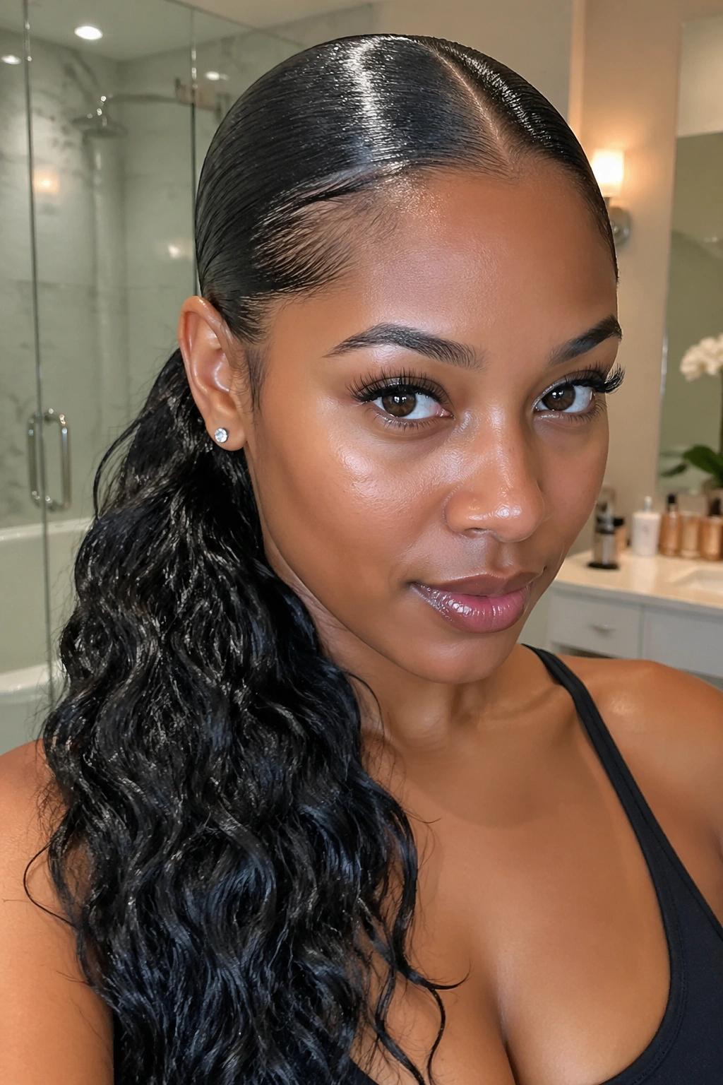 Real woman with wet-look middle part ponytail and glossy finish