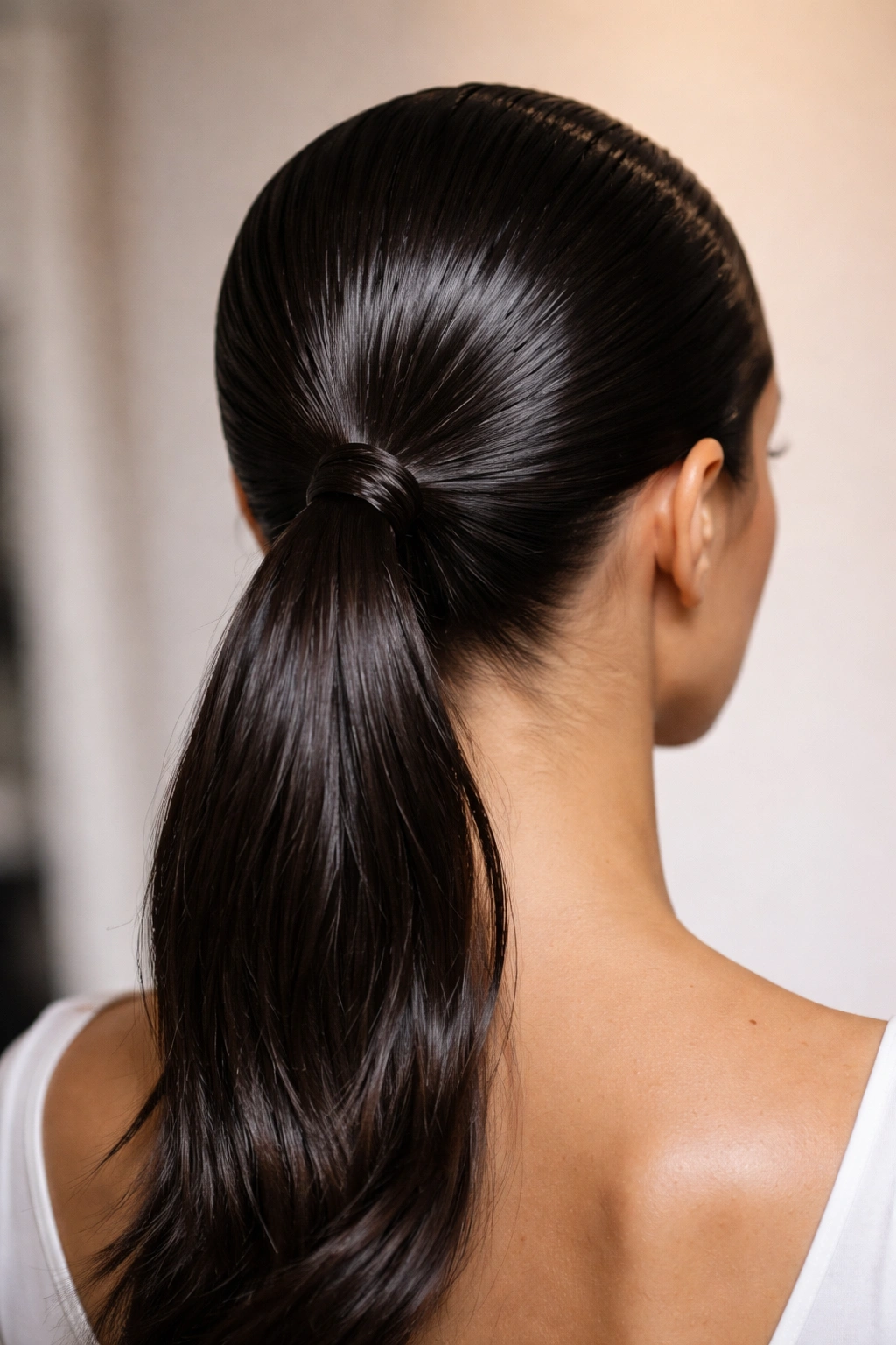Back view of wet-look low ponytail on a mannequin head