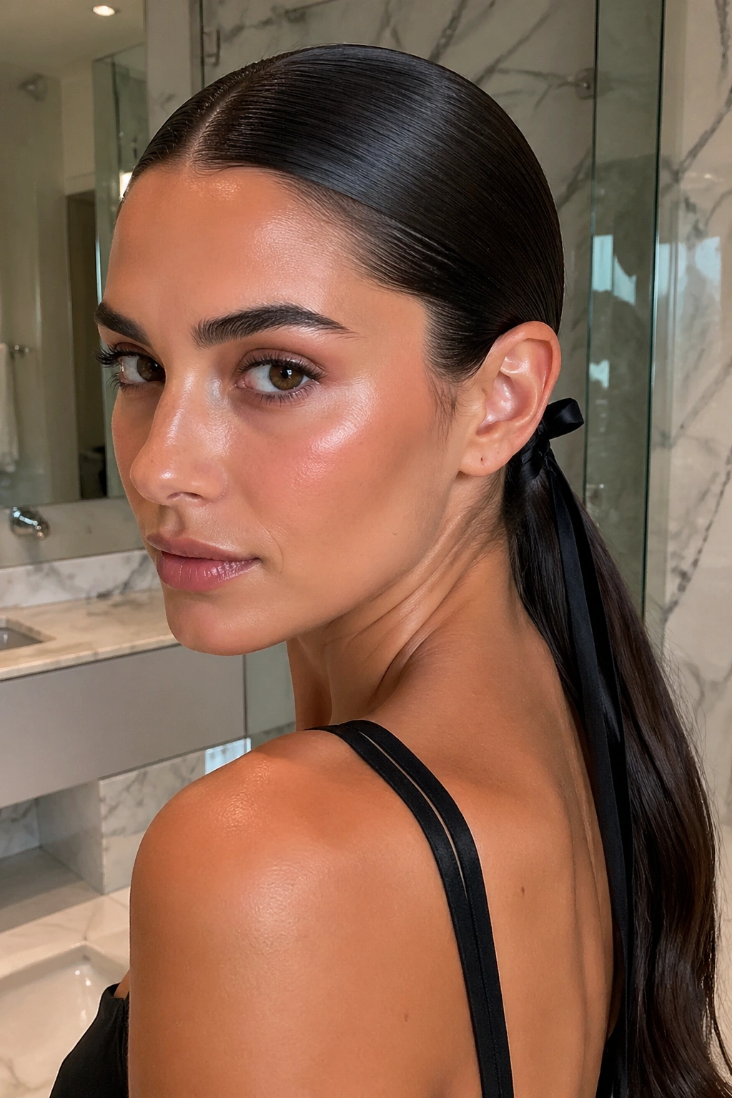 Close-up of a woman with a sleek wet-look ponytail and narrow ribbon