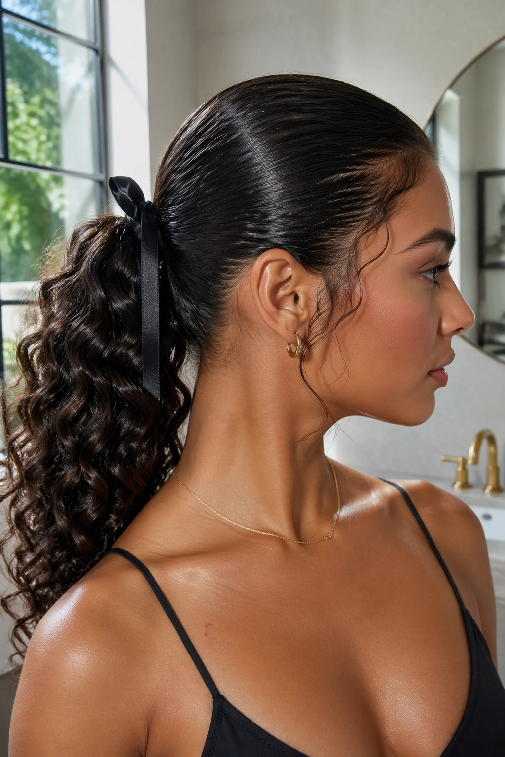 Close-up of a real woman with a wet-look curly ponytail and narrow satin bow