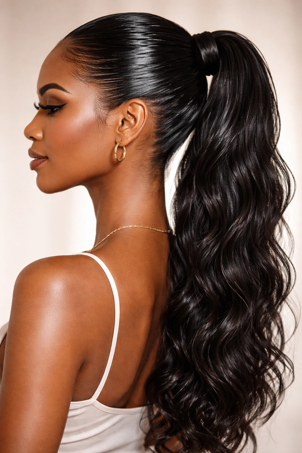 Portrait of a woman with a wet-look ponytail showing glossy damp roots and textured waves