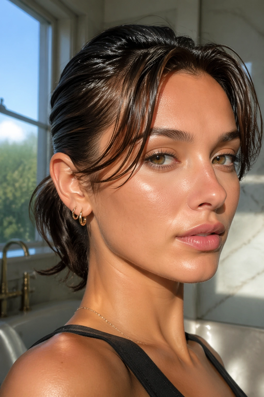 Close-up of real woman with glossy wet-look ponytail on short hair and curtain bangs.