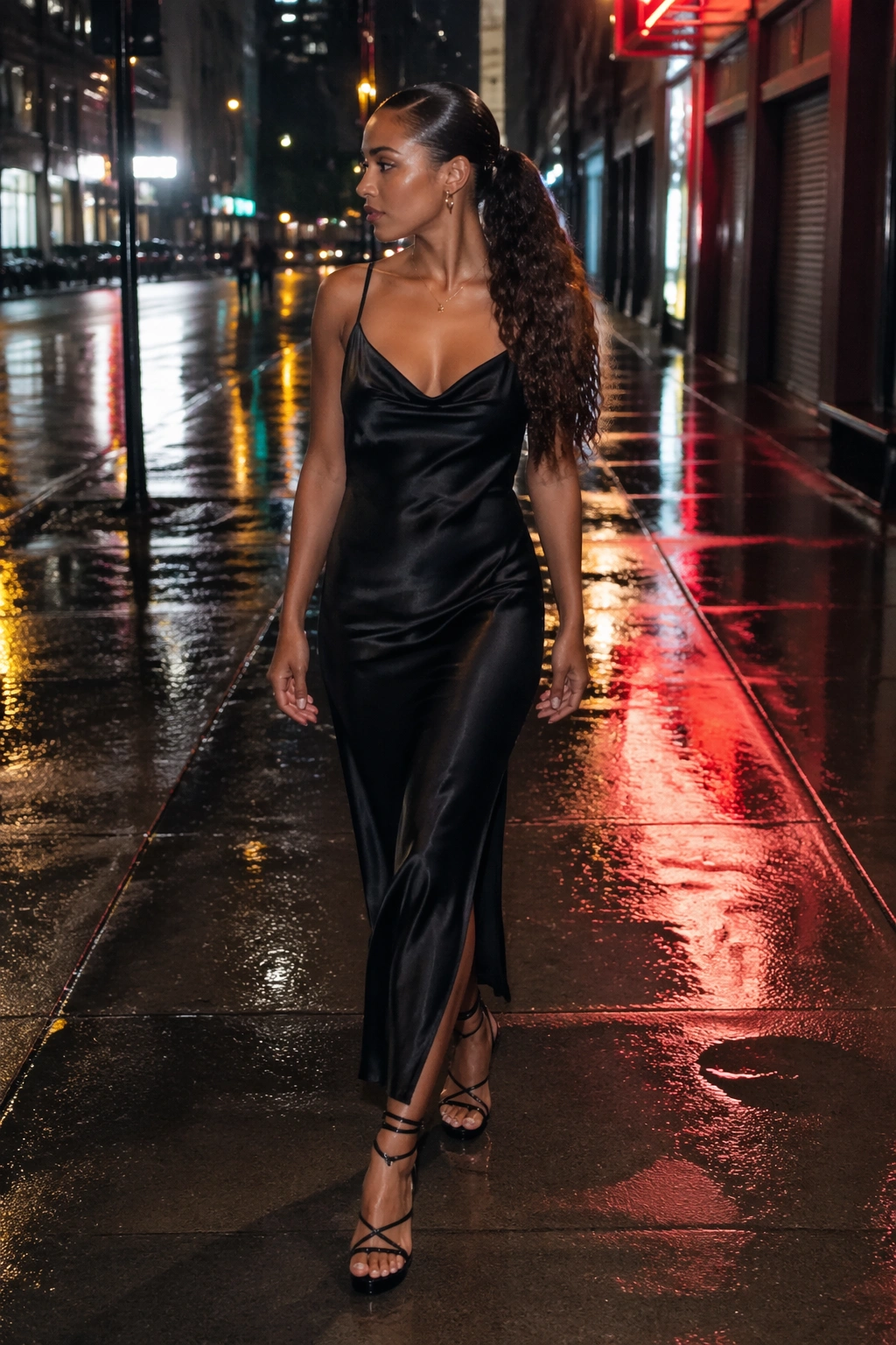 Wet-look side part ponytail in neon-lit street.