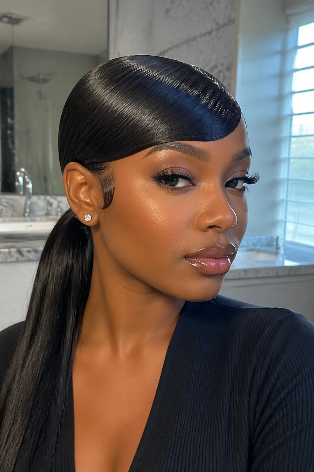Close-up of a real Black woman with a wet-look low ponytail and sculpted side bang