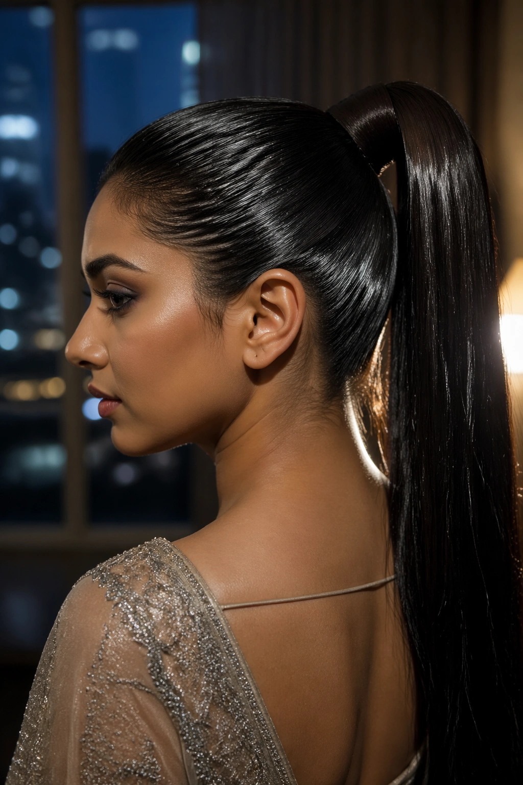 Close-up of a real woman with a glossy wet-look high ponytail