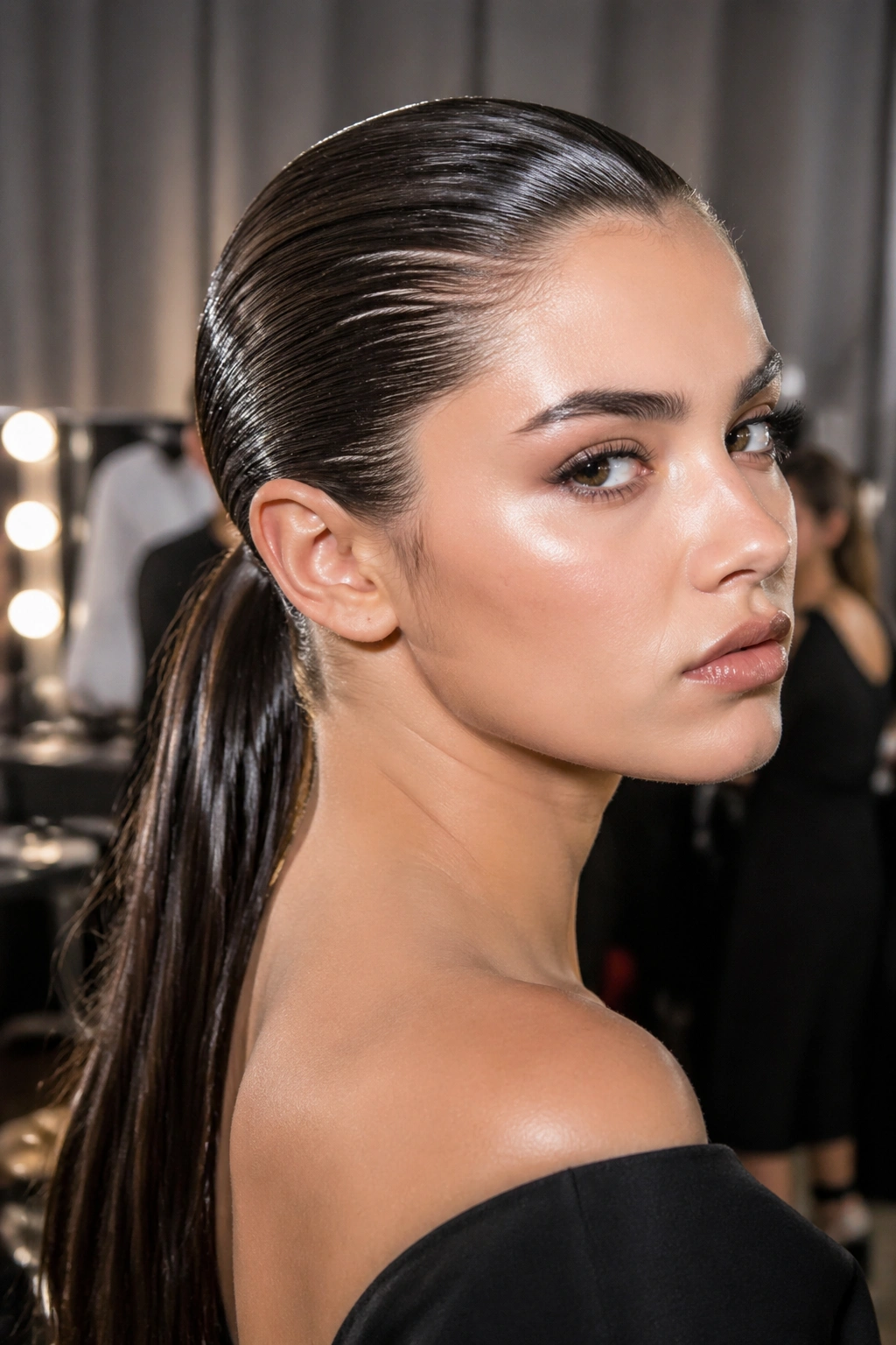 Real woman with wet-look sleek ponytail backstage at fashion event