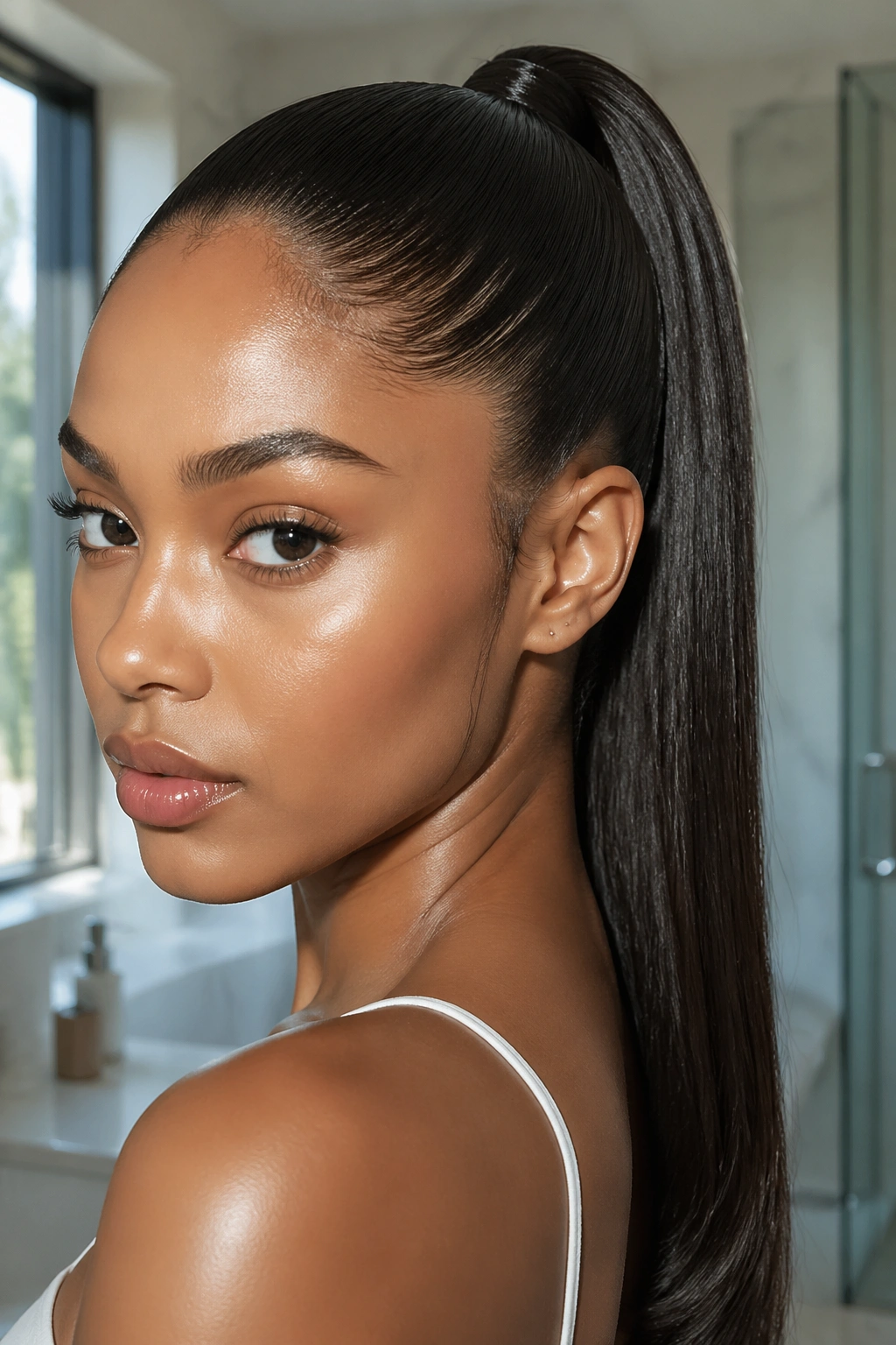 Close-up of a real woman with a sleek wet-look straight ponytail in natural light.