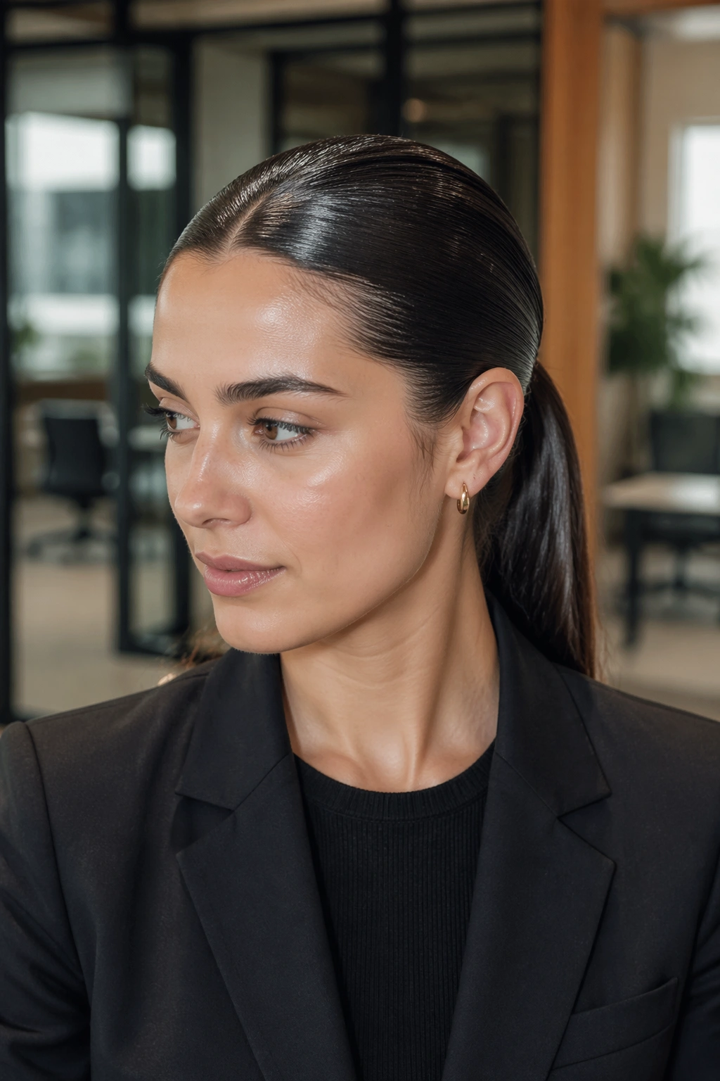 Close-up of a real woman with a glossy wet-look low ponytail for straight medium hair