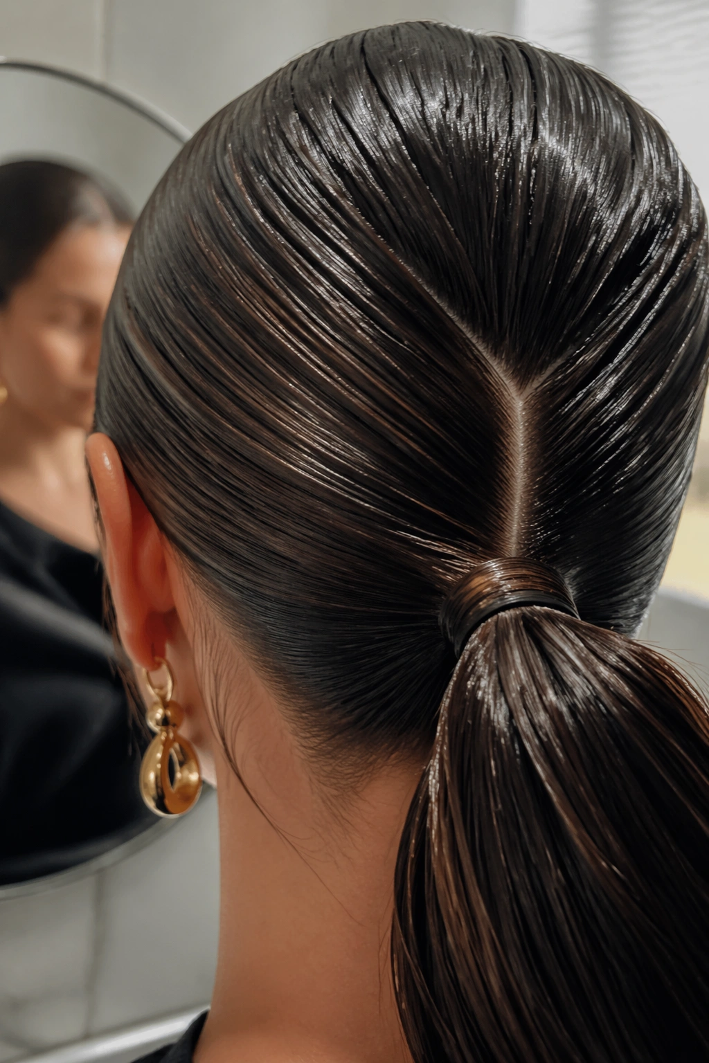 Close-up of wet-look low V part ponytail with glossy roots.