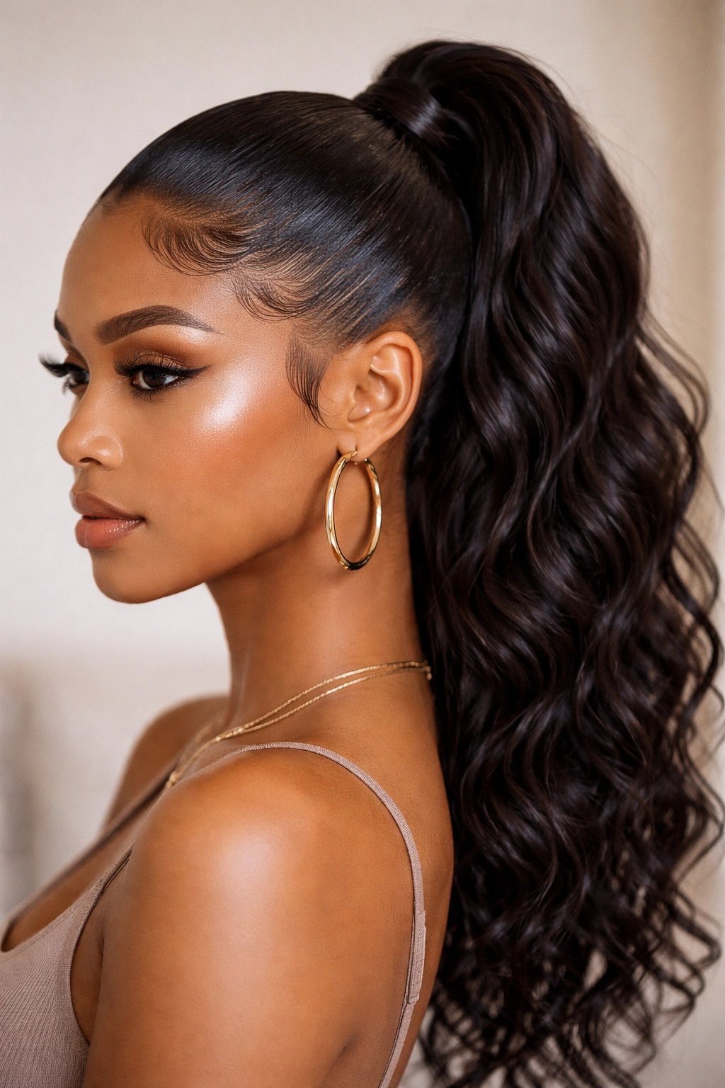 Close-up of wet-look weave ponytail with sharp edges and glossy finish