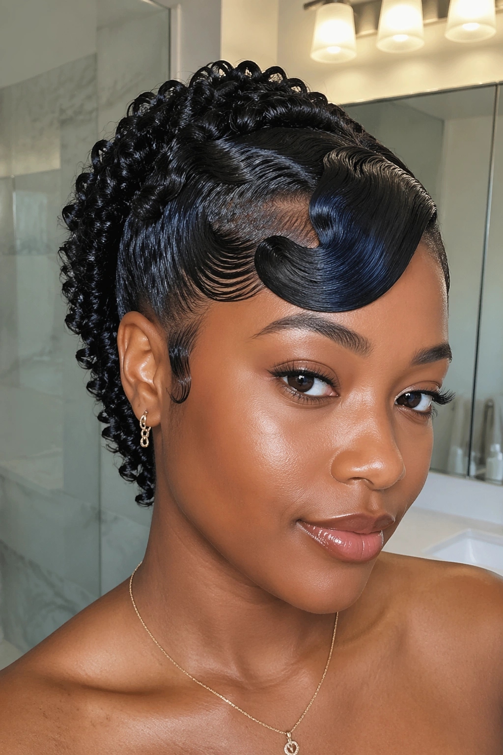 Wet-look swoop on short natural hair with glossy finish