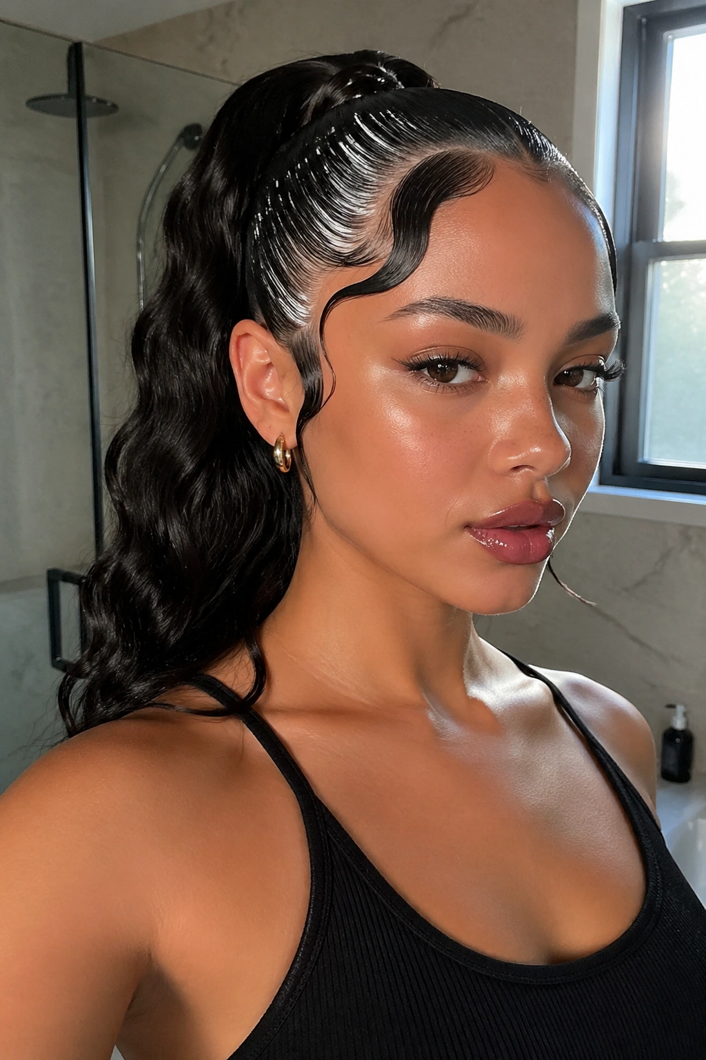 Close-up of a real woman with wet-look double swoop ponytail in a bathroom.