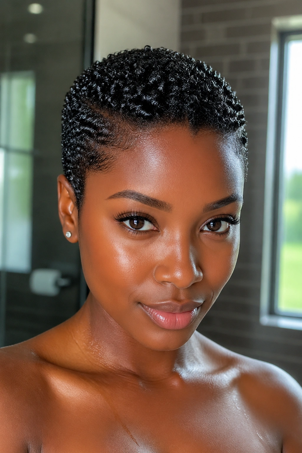 Close-up of a real woman with a glossy wet-look TWA in bright bathroom lighting