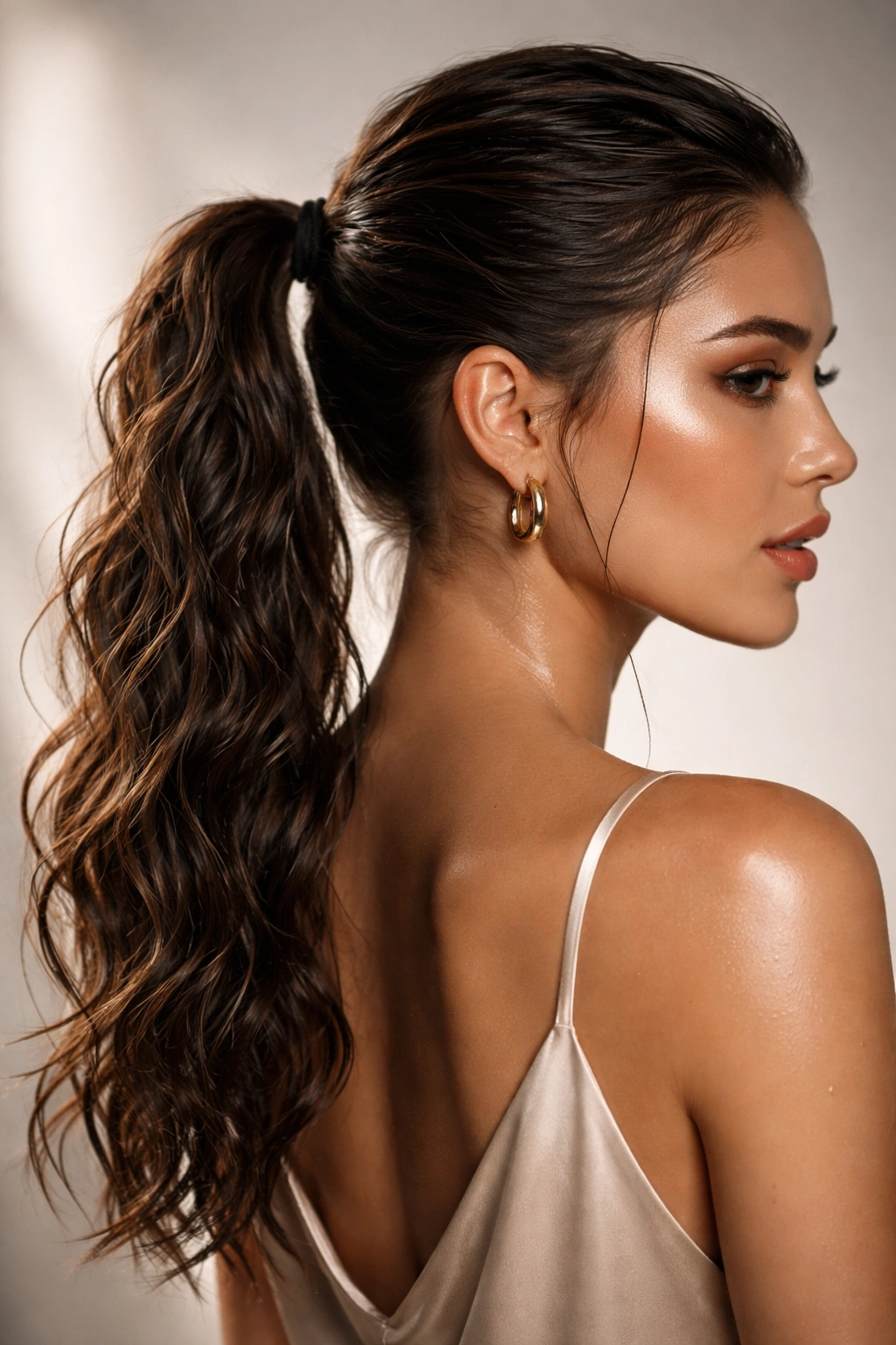 Damp waves gathered into a mid-height ponytail with a wet look