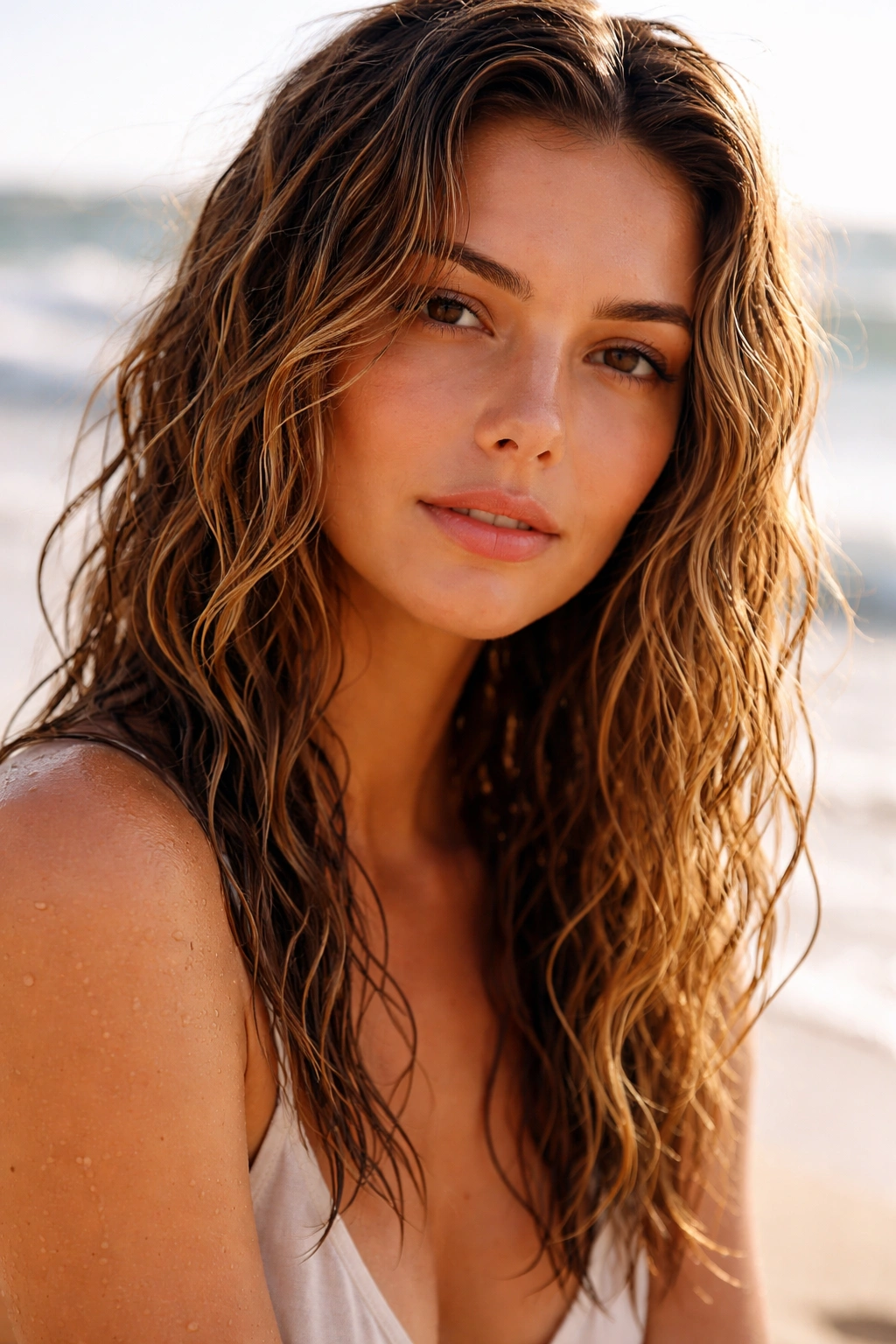 Close-up of a real woman with wet-look glossy waves on a sunny beach