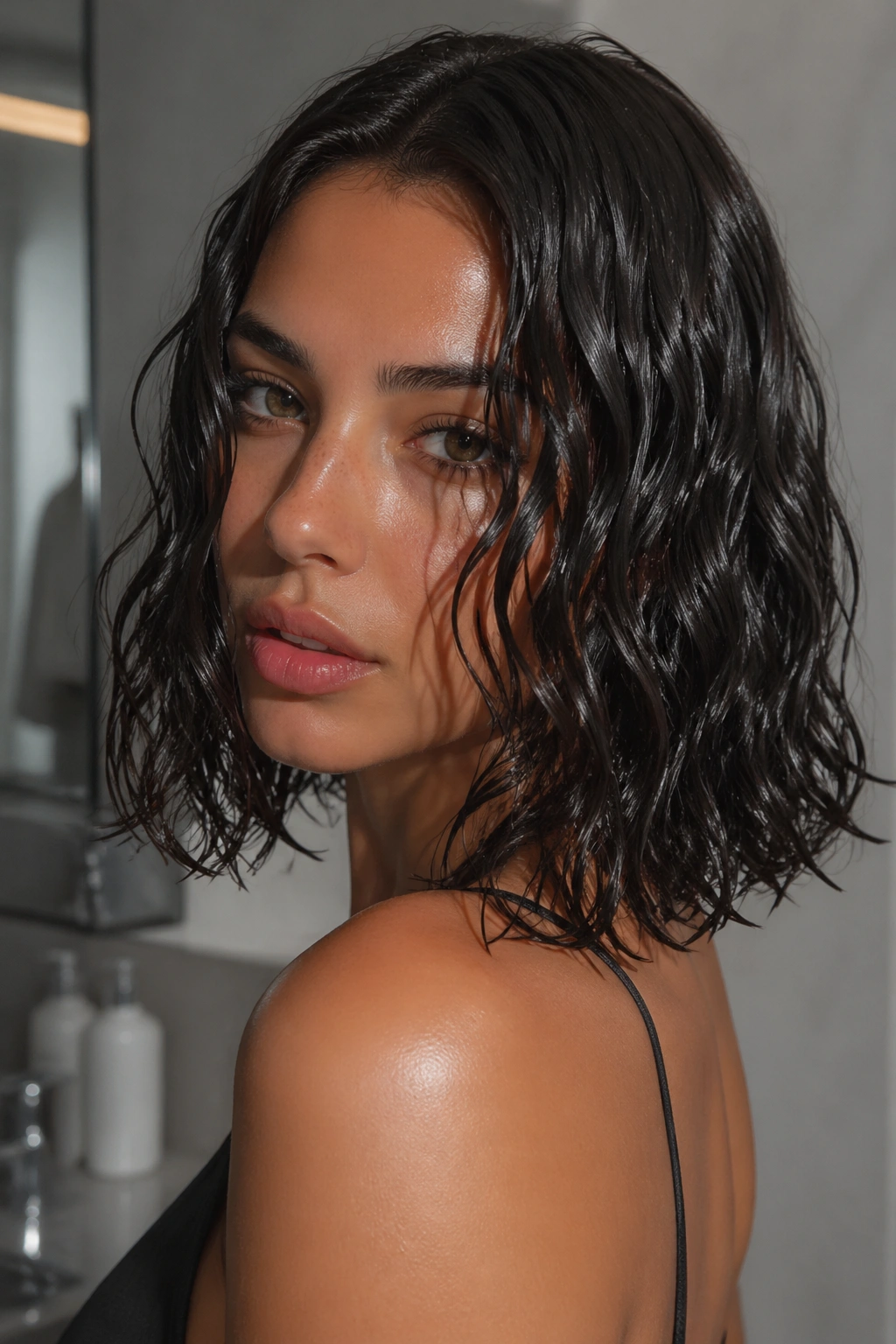 Close-up of a real woman with wet-look lob waves and high shine