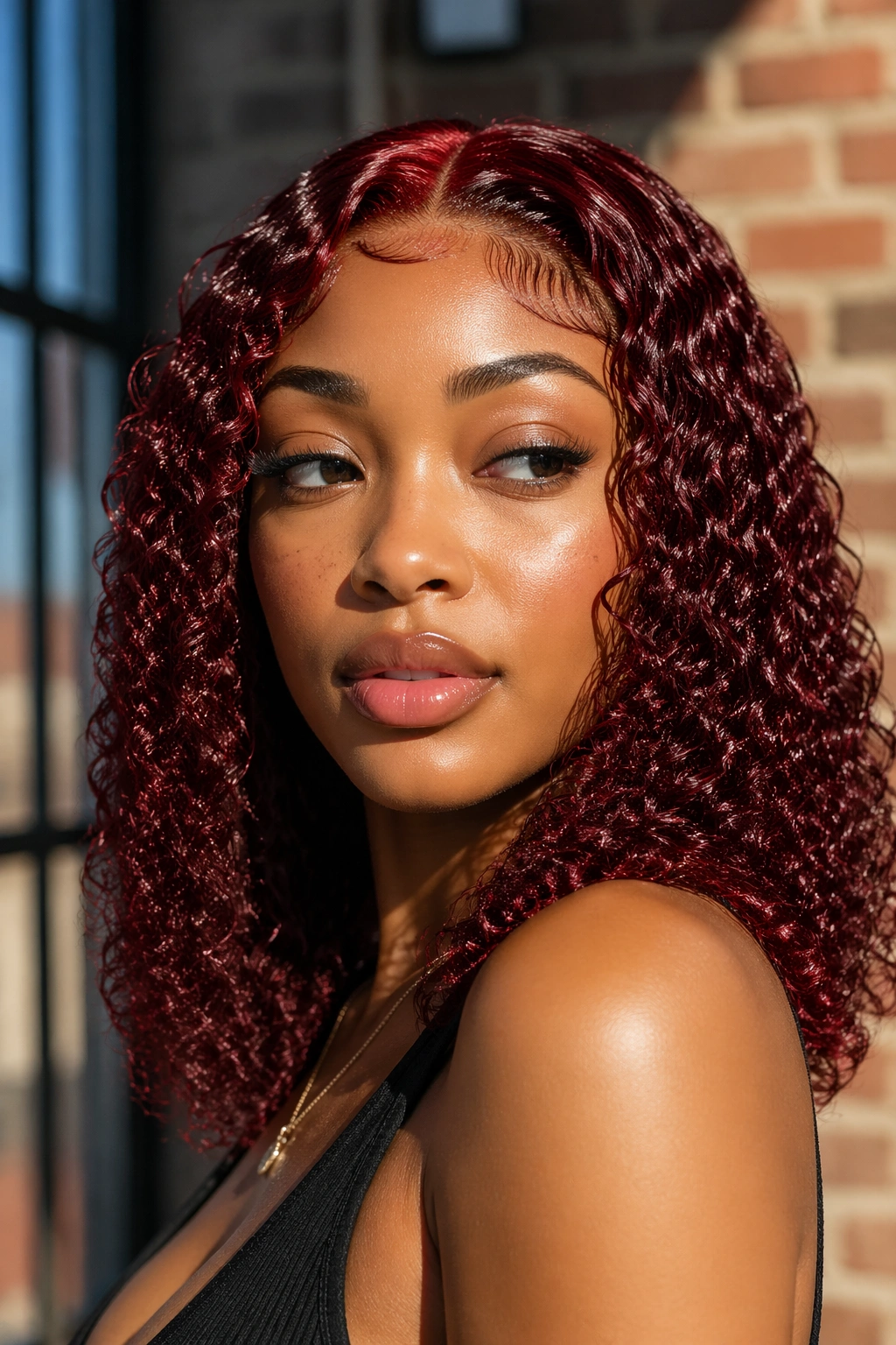 Real woman with wet-look red lace-front wig and defined curls